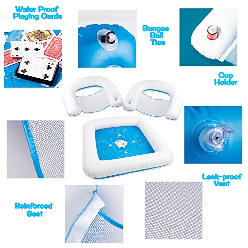 Zento Table for Pool Inflatable Game Station Set with Waterproof Playing Cards Poker Game Deck and Chairs - Card Table with Inflatable Seats for Fun in The Water by The Beach Pool - size: 1
