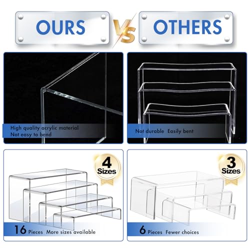 Aheroi Acrylic Risers Display Stands, Acrylic Stands for Display 16Pcs 4Set | Clear Risers Display Stands, Acrylic Display Shelf,Dessert Table Display Set Cupcake Candy Shoe Showcase Stands (7”L~8”L~9”L)