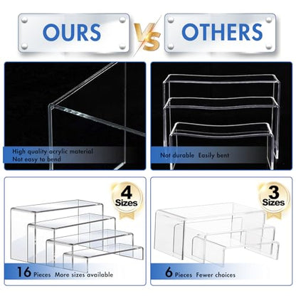 Aheroi Acrylic Risers Display Stands, Acrylic Stands for Display 16Pcs 4Set | Clear Risers Display Stands, Acrylic Display Shelf,Dessert Table Display Set Cupcake Candy Shoe Showcase Stands (7”L~8”L~9”L)