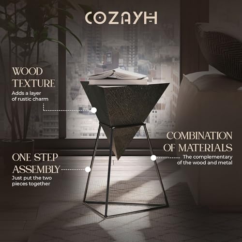 COZAYH Geometric End Table, Modern Side Table with Wooden Top and Metal Base Design, Unique Pyramid Plant Stand for Home and Living Room, Black - color: Black