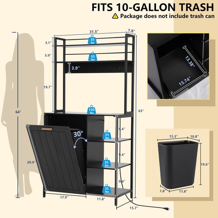 Kitchen Bakers Rack with Storage Shelf - 6-Tier Microwave Stand Oven Cabinet W/Tilting Trash Can Bin and Power Outlet, Farmhouse Thickened Coffee Bar Table Station W/6 Hooks&Adjustable feet - color: Black