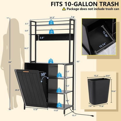 Kitchen Bakers Rack with Storage Shelf - 6-Tier Microwave Stand Oven Cabinet W/Tilting Trash Can Bin and Power Outlet, Farmhouse Thickened Coffee Bar Table Station W/6 Hooks&Adjustable feet - color: Black