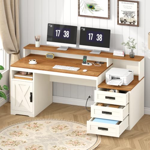 65" Farmhouse Computer Desk with Drawers and Printer Stand for Home Office | Office Desk with Power Outlets and Storage Cabinet, Study Writing Desks with Long Monitor Stand, Brown and White - color: Brown and White