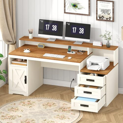 65" Farmhouse Computer Desk with Drawers and Printer Stand for Home Office | Office Desk with Power Outlets and Storage Cabinet, Study Writing Desks with Long Monitor Stand, Brown and White - color: Brown and White