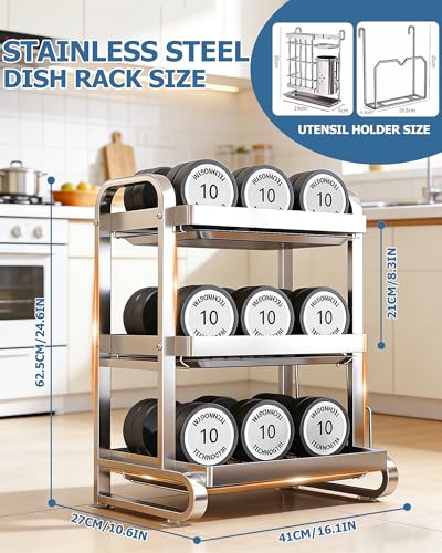 Stainless Steel Dish Drying Rack 3 Tier Dish Rack with Drainer Tray Utensil Holder and Cutting Board Holder Large Capacity Dry Rack for Dishes Kitchen Counter Silver (16.1" L x 10.6" W x 24.6" H)