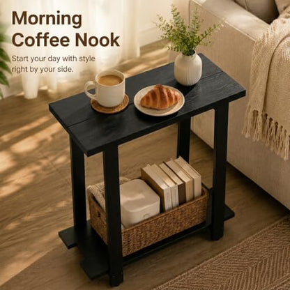 Transitional Narrow End Table, 2-Tier Rustic Side Table with Storage Shelves, Modern Farmhouse Industrial Nightstand for Living Room, Bedroom, Small Spaces, Couch, Black - color: Black