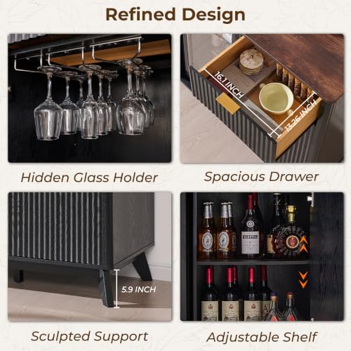 OKD 60" Fluted Coffee Bar Cabinet with Mini Fridge Space, Black and Walnut | Mini Fridge Compatible, Built In Charging Station, 3 Stemware Racks, 2 Drawers, 2 Cabinets, Home Bar Cabinet Storage - color: Black and Walnut