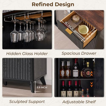 OKD 60" Fluted Coffee Bar Cabinet with Mini Fridge Space, Black and Walnut | Mini Fridge Compatible, Built In Charging Station, 3 Stemware Racks, 2 Drawers, 2 Cabinets, Home Bar Cabinet Storage - color: Black and Walnut