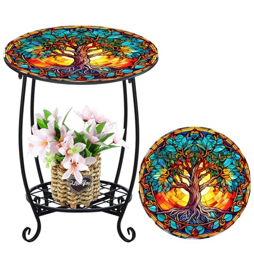 Cinnvoice Outdoor Side Table Round Small Mosaic Patio Accent Indoor End Plant Coffee Tea Table for Yard Patio Porch Garden Living Room, Bedroom(Tree of Life Style,16 Inch) - size: 16 Inch, style: Tree of Life Style