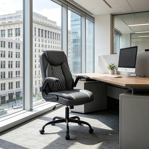 YFO Leather Office Chair, Ergonomic Home Office Desk Chair, Back Support Swivel Executive Office Chair with Wheels and Flip-Up Armrests, Small Gaming Chair with Adjustable Rocking Function, Grey - color: Grey