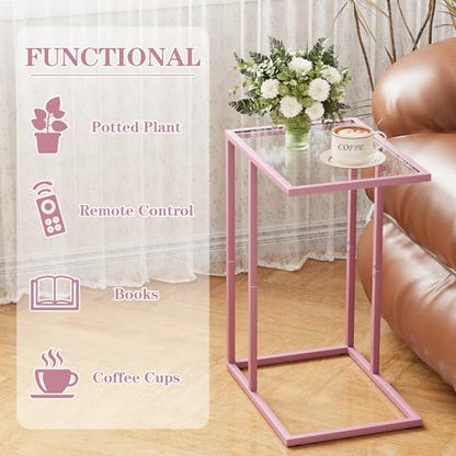C Shaped End Table Set of 2, Small Side Couch Sofa Tables for Living Room,Glass Tv Tray Snack Dinner Table with Metal Frame, Easy Assembly (Pink) - color: Pink