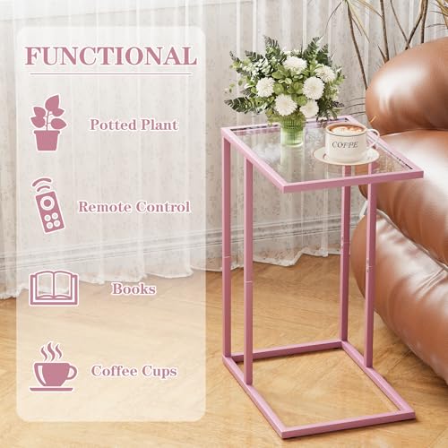 C Shaped End Table, Side End Tables for Living Room,Glass Sofa Couch Table with Metal Frame, Small Tv Tray Snack Dinner Table for Bedroom, Small Spaces, Easy Assembly (Pink) - color: Pink