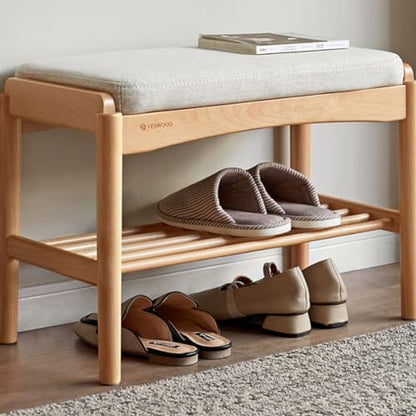Oak Wood Shoe Bench, 24 Inch Entryway Bench with Light Gray Cushion | Natural oak finish with visible grain and light gray cushion creates a Scandinavian-inspired entryway seat. - color: Natural + Light Gray Cushion, size: 23.62"