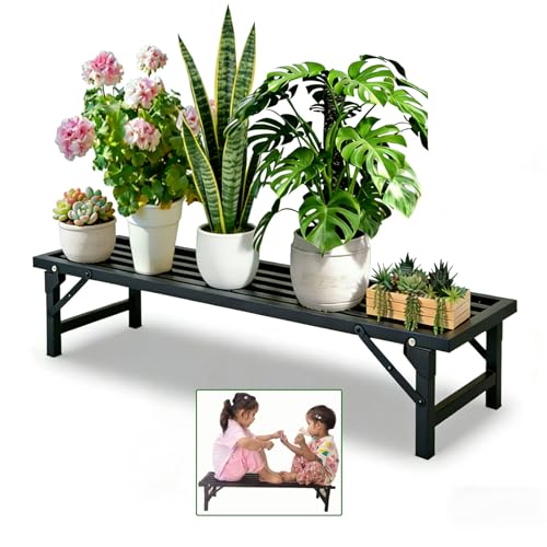 Foldable Single Tier Plant Stand, Heavy Duty Iron Plant Shelf，Anti-Rust Waterproof Flower Pot Stand, Tool-Free Quick Fold, Modern Plant Display for Indoor Outdoor Patio Balcony Garden Livingroom Windowsill ,Plant Lovers, Display Stand （L33" x H7.8" x W9.7