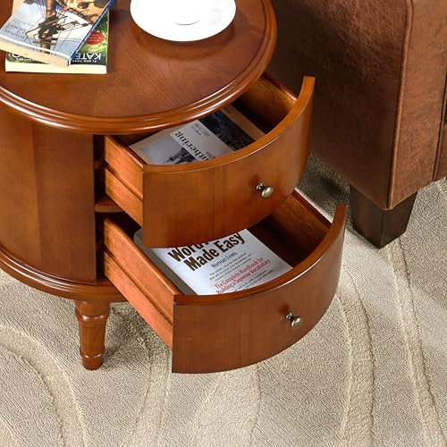 Round Solid Wood End Table with 2 Drawers and Fully Assembly | Beside Table for Couch, American Style Nightstand for Bedroom, Telephone Table for Living Room, Small Space Accent Table - size: 20.1" H End Table
