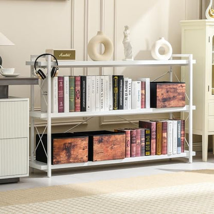 HCHQHS Bookshelf, 3-Tier Long Industrial Bookcase, White Open Book Shelf, Freestanding Horizontal Bookshelves with Metal Frame - color: Cloud White, size: 3-Tier (56.7"W x 35.8"H)