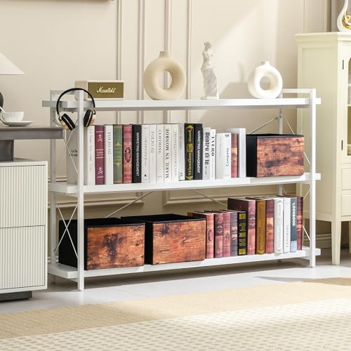 HCHQHS Bookshelf, 3-Tier Long Industrial Bookcase, White Open Book Shelf, Freestanding Horizontal Bookshelves with Metal Frame - color: Cloud White, size: 3-Tier (56.7"W x 35.8"H)