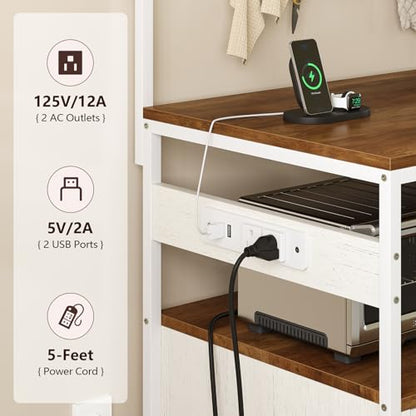 TVU Bakers Rack with Power Outlet and LED Light, Microwave Stand with Storage Cabinet, Coffee Bar Cabinet Station with 6 Hooks for Kitchen, Dining Room, Living Room, Coffee Bar, Walnut, White - color: Walnut + White