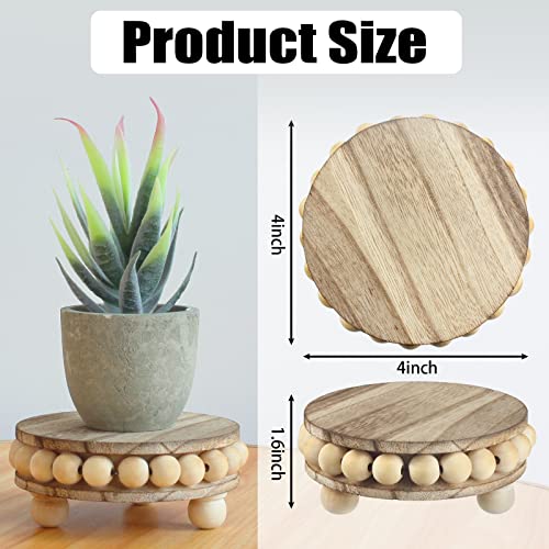 Round Wood Pedestal Stands for Decor, 2-Pack | Beaded wood pedestals for boho decor, versatile as a small plant display, or farmhouse counter tray.（4-Inch）
