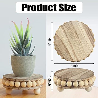 Round Wood Pedestal Stands for Decor, 2-Pack | Beaded wood pedestals for boho decor, versatile as a small plant display, or farmhouse counter tray.（4-Inch）