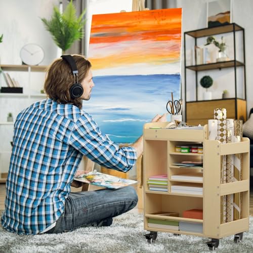 Art Cart Rolling Wood, Arts and Crafts Supply Organizer, Multi-Functional Art Organizer Cabinet, Compact DIY Utility Cart with Bookshelf, Small Art Supply Storage for Classroom Office Bedroom