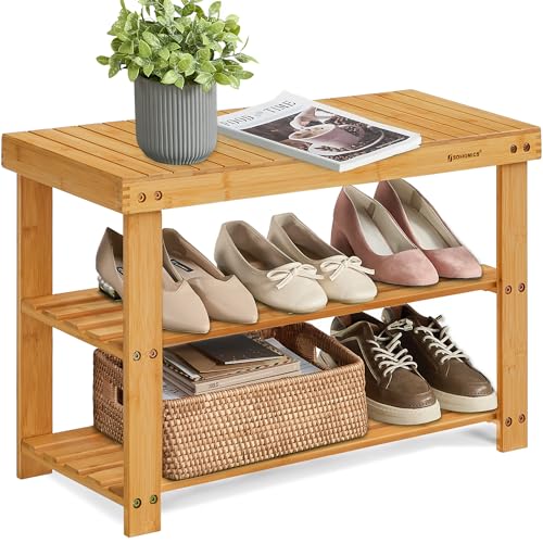 SONGMICS Shoe Rack Bench, 3-Tier Bamboo Shoe Storage Organizer, Entryway Bench, Holds Up to 286 lb, 11.3 x 27.6 x 17.8 Inches, for Entryway Bathroom Bedroom, Natural ULBS04N - color: Natural, size: 27.6"W
