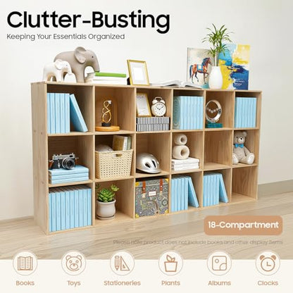 18-Cube Solid Wood Bookshelf, 3-Tier Storage Organizer Semi-Open Floor Display Shelf Closet Cabinet for Home Office Library School, 12" D x 71" W x 35" H - size: 18-Cube