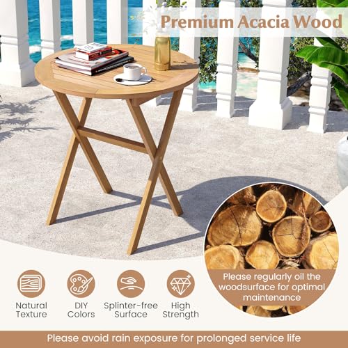 Tangkula 26-Inch Acacia Wood Outdoor Dining Table, Folding Round Patio Bistro Table with Slatted Tabletop & X-Shaped Frame, Outside Dining Table for Porch, Garden, Backyard, Poolside - size: 26"
