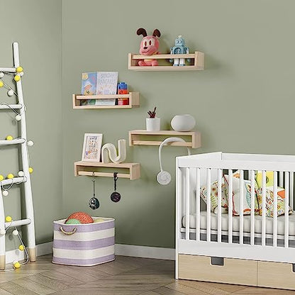 Nursery Room Shelves Set of 4, Wood Floating Book Shelves for Kids Room, Baby Book Shelf for Nursery, Kitchen Spice Rack (Natural Wood) - color: Natural Wood