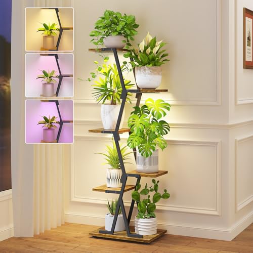 iDavosic.ly 5 Tier Indoor Plant Stand with Grow Light, Corner Tall Metal & Wood Flower Shelf, Orchid Display Rack for Living Room Balcony, Space Saving & Multifunctional Display, Black & Brown - color: Black and Brown, size: 5 Tiers | With Light