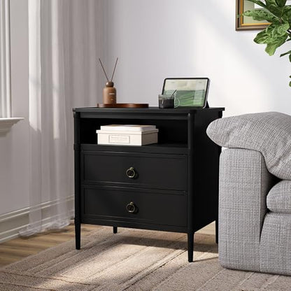 Nightstand, Mid Century Modern Night Stand with 2 Drawers and Open Shelf, Beside Table with Distressed Ring Handle for Bedroom - color: Black