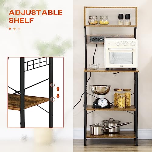 HOMCOM Kitchen Bakers Rack with Storage, Power Outlet, Rustic Brown | USB Charger, Microwave Stand, Coffee Bar with Adjustable Shelves, 5 Hooks