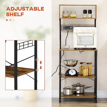 HOMCOM Kitchen Bakers Rack with Storage, Power Outlet, Rustic Brown | USB Charger, Microwave Stand, Coffee Bar with Adjustable Shelves, 5 Hooks