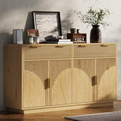 Fluted Buffet Cabinet with Storage, 55” Sideboard Cabinet with 2 Drawers | Modern Buffet Table with Arched Design Doors & Adjustable Shelves, Wooden Coffee Bar Accent Cabinet for Kitchen, Dining Room