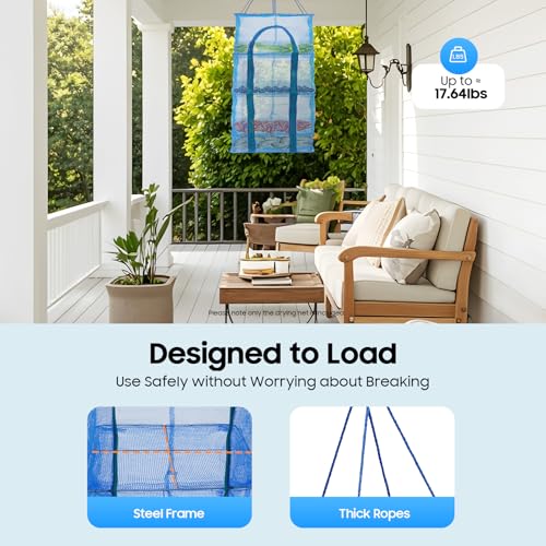 Herb Drying Rack, 4 Layers Foldable Drying Rack with Zipper Opening, Hanging Drying Net for Herbs, Fruits, Vegetables, Fish, Shrimp, Foldable Nylon Netting, Blue (13.78X13.78X25.59 in)