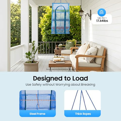 Herb Drying Rack, 4 Layers Foldable Drying Rack with Zipper Opening, Hanging Drying Net for Herbs, Fruits, Vegetables, Fish, Shrimp, Foldable Nylon Netting, Blue (13.78X13.78X25.59 in)