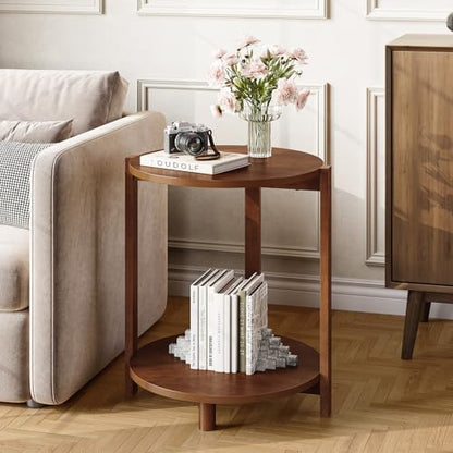 Solid Wood Side Table Set of 2, Small Round End Table with 2-Tier Storage, 19-Inch Wooden Circle Retro Nightstand, Accent Furniture for Small Spaces, Bedroom, Living Room, Brown
