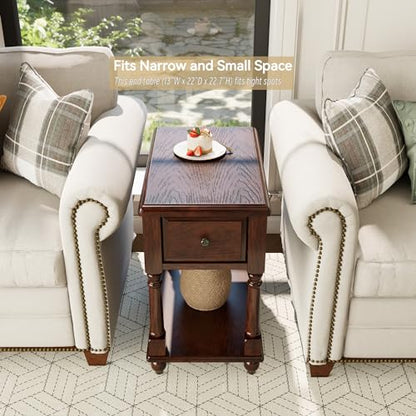 Narrow End SideTable with Drawer and Storage Shelf, Solid Wood Sofa Tables, Slim Beside Table-, Telephone for Small Spaces, Living Room, 22"L x 13"W x 22.7"H No-tools Assembly Dark Walnut BBJ004DWA - color: Walnut