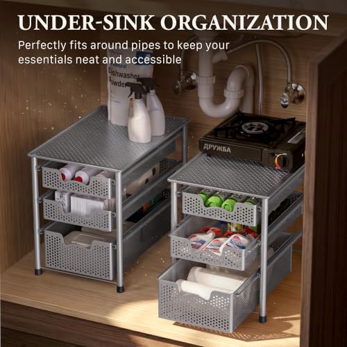 Simple Houseware Stackable 3 Tier Sliding Basket Organizer Drawer, Silver - color: Silver, size: 3-Tier