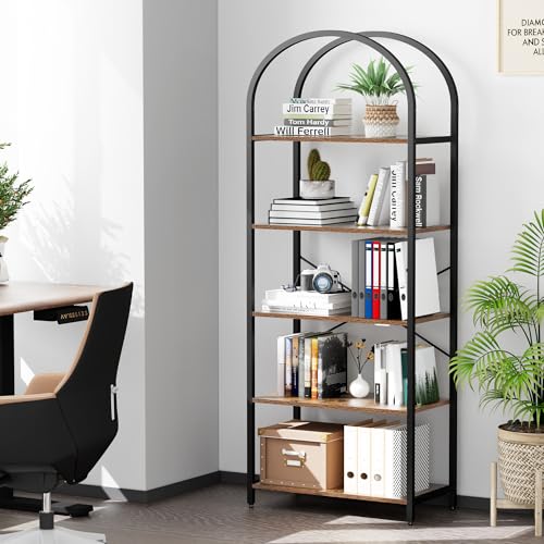 Homhedy 5-Tier Arched Bookshelf, Display Racks, Tall Book Shelf, 62.2" H | Wood and Metal Bookcase, Industrial Display Standing Shelf Unit, for Home, Office, Living Room, Bedroom, Rustic Brown - size: 5 Tier -23.6"W