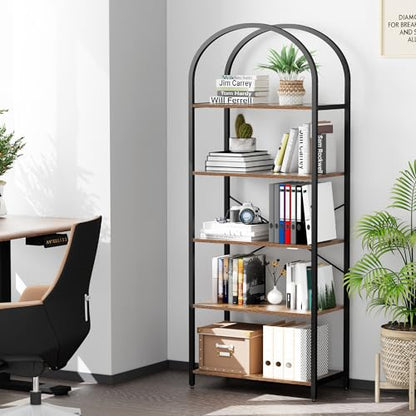 Homhedy 5-Tier Arched Bookshelf, Display Racks, Tall Book Shelf, 62.2" H | Wood and Metal Bookcase, Industrial Display Standing Shelf Unit, for Home, Office, Living Room, Bedroom, Rustic Brown - size: 5 Tier -23.6"W