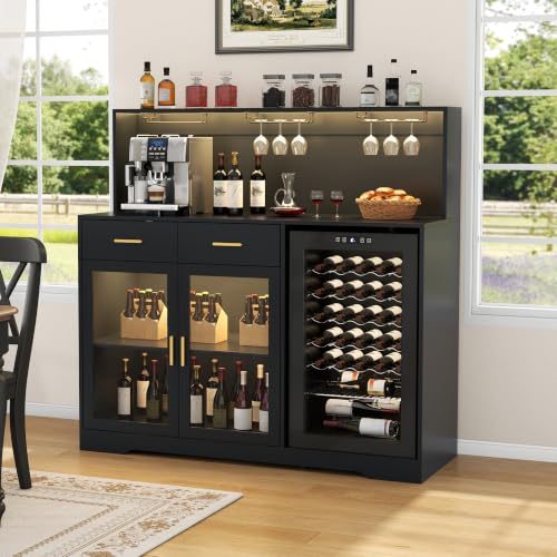 Gyfimoie 53" Wine Bar Cabinet with Fridge Space & Outlets, Large Coffee Bar Table with Storage Drawer,Liquor Cabinet with Wine Rack for Home, Living Room, Dining Room, Kitchen (Black)