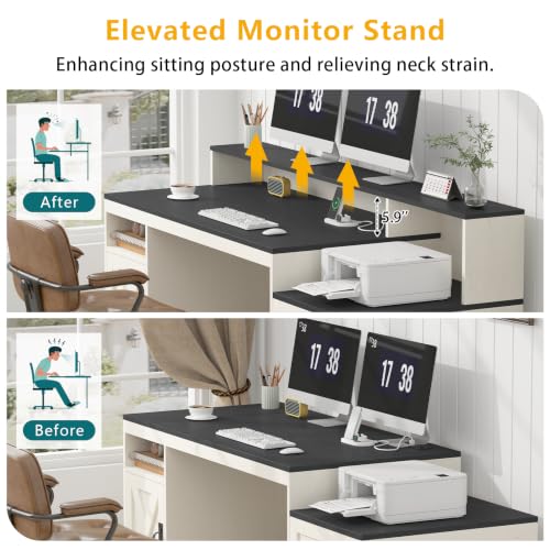65" Farmhouse Computer Desk with Drawers and Printer Stand for Home Office | Office Desk with Power Outlets and Storage Cabinet, Study Writing Desks with Long Monitor Stand, Black and White - color: Black and White