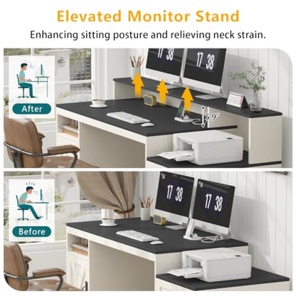 65" Farmhouse Computer Desk with Drawers and Printer Stand for Home Office | Office Desk with Power Outlets and Storage Cabinet, Study Writing Desks with Long Monitor Stand, Black and White - color: Black and White