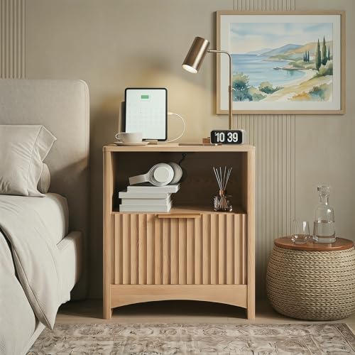 Marsail Fluted Nightstand Set of 2, Wooden Nightstands with Drawers, Modern Bedside Table with Charging Station and Storage, End Table with Storage Side Table for Bedroom, Oak - color: Oak