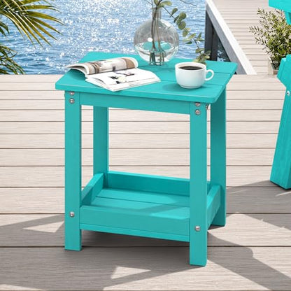 LUE BONA Small Outdoor Side Table, 2-Tier HDPE with Rail, Aruba Blue | Outdoor End Table with Rail for Patio, Deck, Poolside, Weather Resistant HDPE, Low Maintenance, Easy to Clean - color: Aruba Blue