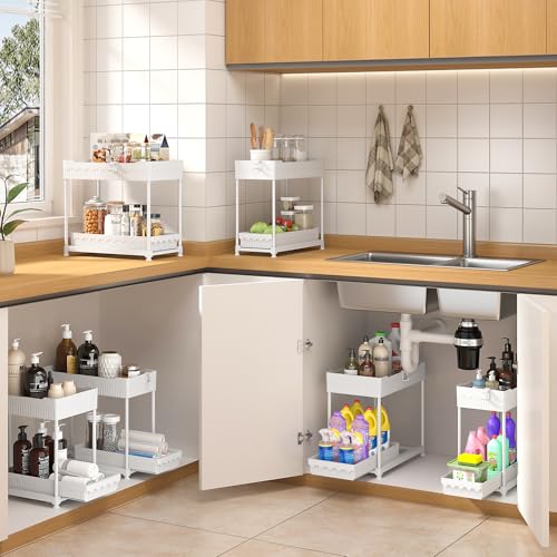 Sevenblue 3 Pack Under Sink Organizers, 2-Tier Multi-Use Kitchen and Bathroom Organizers and Storage with Sliding Drawers, Bathroom Cabinet Organizer (White, 14.8 Inch) | Multi-use kitchen & bathroom storage, 14.8 inch white cabinet organizer, space-savin