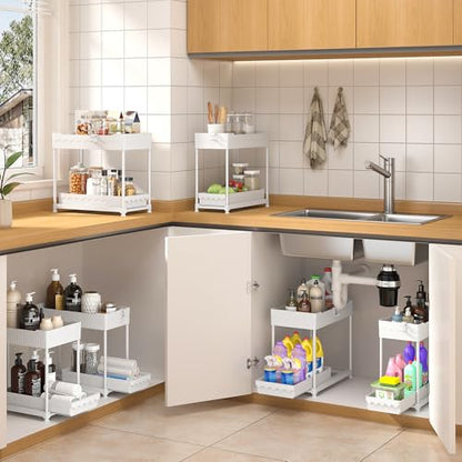 Sevenblue 3 Pack Under Sink Organizers, 2-Tier Multi-Use Kitchen and Bathroom Organizers and Storage with Sliding Drawers, Bathroom Cabinet Organizer (White, 14.8 Inch) | Multi-use kitchen & bathroom storage, 14.8 inch white cabinet organizer, space-savin