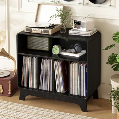 RowyPoey Large Record Player Stand, 31.5" Curved Turntable Stand, Black | Vinyl Record Storage, Mid Century Modern, Wood Record Holder Cabinet, Stereo Media Shelf for Living Room, Bedroom, Office