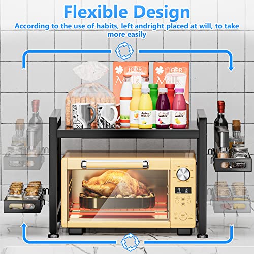 YIUKEA Extendable Microwave Oven Rack - Over Microwave Shelf Countertop 2 Tier Kitchen Microwave Stand (L15.7~23.6" xW12.8 xH17.7) with Spice Rack and 6 Hooks Black - color: Black with Spice Rack